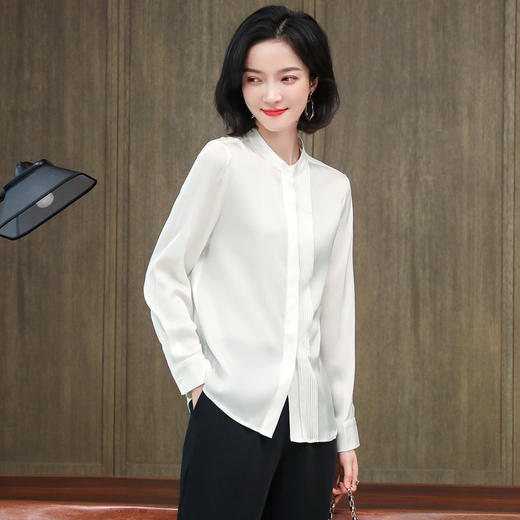 ASE-3392重磅真丝衬衫女长袖宽松职业百搭简约气质风琴褶衬衣秋桑蚕丝上衣 商品图4