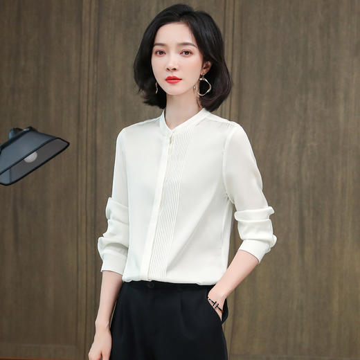 ASE-3392重磅真丝衬衫女长袖宽松职业百搭简约气质风琴褶衬衣秋桑蚕丝上衣 商品图1