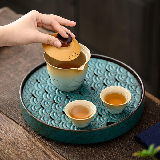 圆形茶盘家用简易陶瓷功夫茶具干泡盘小型储水式沥水干湿两用茶台 商品图3