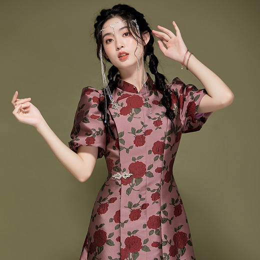 秋季新款，灯笼袖提花连衣裙改复古优雅气质改良日常旗袍OY-220360 商品图1