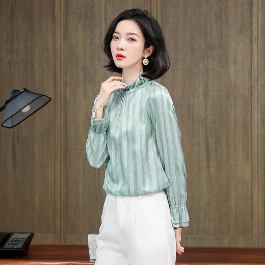 ASE-3397重磅真丝衬衣定货复古木耳边立领竖条纹桑蚕丝长袖真丝女衬衫 商品图6