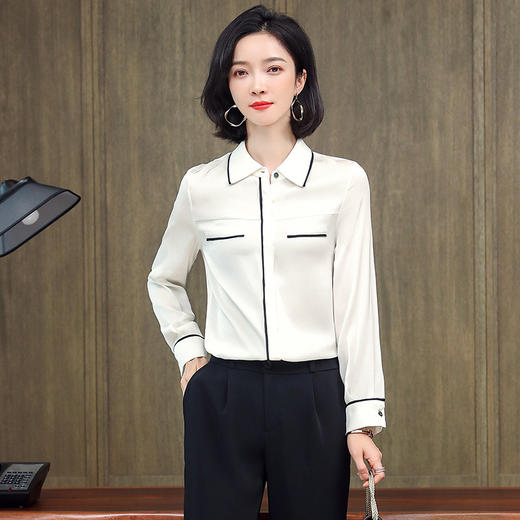 ASE-3377桑蚕丝衬衫女重磅欧货翻领拼色百搭隐形单排扣衬衫女春秋 商品图4