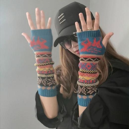 圣诞小鹿羊绒手套无指洞秋冬天女假袖子护肘送女友的好袖套 商品图0