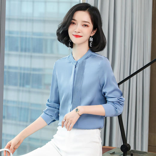 ASE-3392重磅真丝衬衫女长袖宽松职业百搭简约气质风琴褶衬衣秋桑蚕丝上衣 商品图0