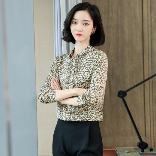 ASE-3398重磅真丝衬衫女2021秋新款气质木耳边长袖格纹印花桑蚕丝衬衣 商品图3