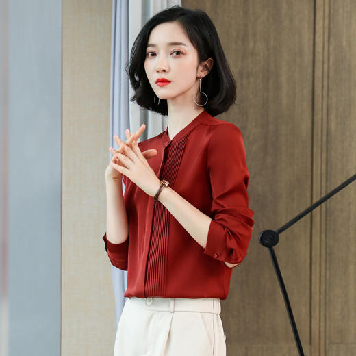 ASE-3392重磅真丝衬衫女长袖宽松职业百搭简约气质风琴褶衬衣秋桑蚕丝上衣 商品图3