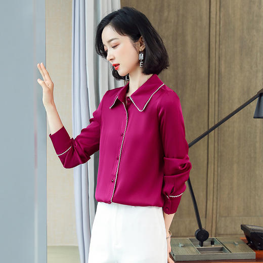 ASE-3375真丝衬衣女时尚气质包边翻领百搭职场范儿单排包扣重磅真丝衬衫女 商品图0