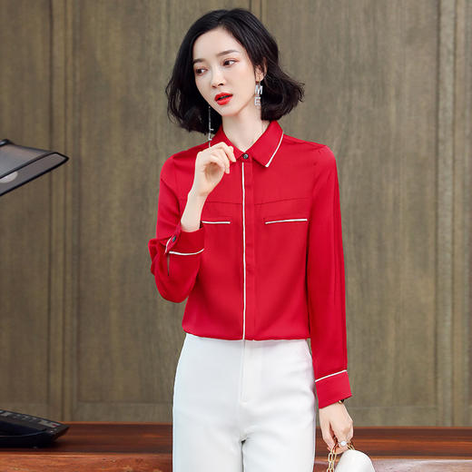 ASE-3377桑蚕丝衬衫女重磅欧货翻领拼色百搭隐形单排扣衬衫女春秋 商品图6