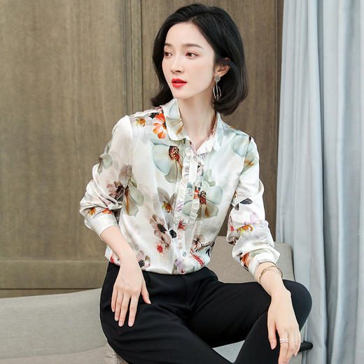 ASE-3398重磅真丝衬衫女2021秋新款气质木耳边长袖格纹印花桑蚕丝衬衣 商品图2