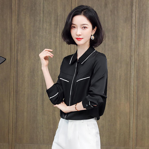 ASE-3377桑蚕丝衬衫女重磅欧货翻领拼色百搭隐形单排扣衬衫女春秋 商品图3