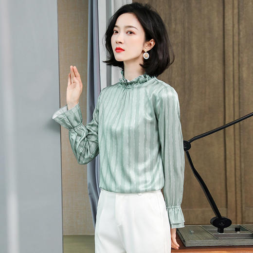 ASE-3397重磅真丝衬衣定货复古木耳边立领竖条纹桑蚕丝长袖真丝女衬衫 商品图1