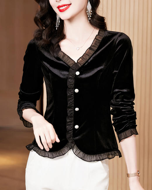 V领荷叶边洋气修身，显瘦丝绒长袖小衫KQL-2365 商品图1