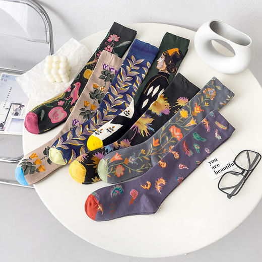 法国艺术插画小众文艺少女ins街头个性潮流小腿棉袜 商品图0