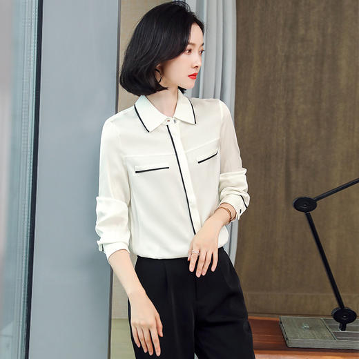ASE-3377桑蚕丝衬衫女重磅欧货翻领拼色百搭隐形单排扣衬衫女春秋 商品图1
