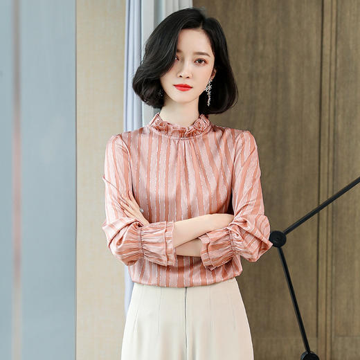 ASE-3397重磅真丝衬衣定货复古木耳边立领竖条纹桑蚕丝长袖真丝女衬衫 商品图4