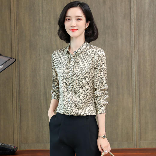 ASE-3398重磅真丝衬衫女2021秋新款气质木耳边长袖格纹印花桑蚕丝衬衣 商品图0