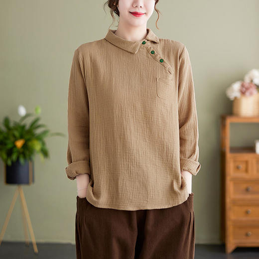 GYH 6163复古斜襟套头上衣宽松双层棉纱衬衫外套 商品图3