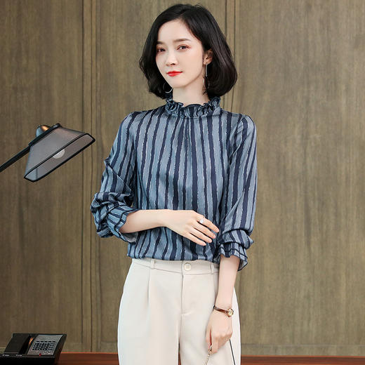 ASE-3397重磅真丝衬衣定货复古木耳边立领竖条纹桑蚕丝长袖真丝女衬衫 商品图5