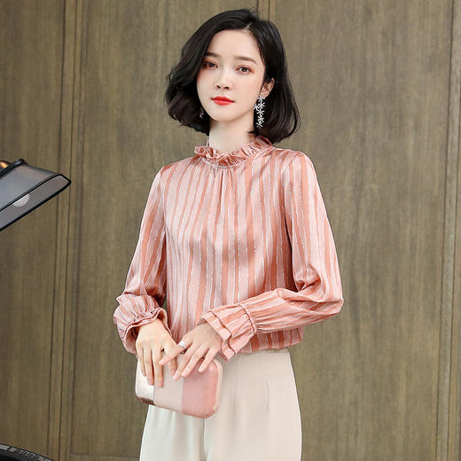 ASE-3397重磅真丝衬衣定货复古木耳边立领竖条纹桑蚕丝长袖真丝女衬衫 商品图2
