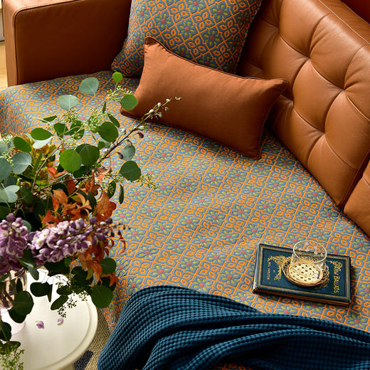 蓝橙小花双面沙发巾防滑四季通用纯棉沙发垫 商品图1