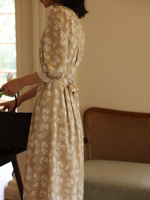 HeyDress郁金香印花连衣裙女秋季法式复古撞色V领高腰优雅风裙子 商品图1