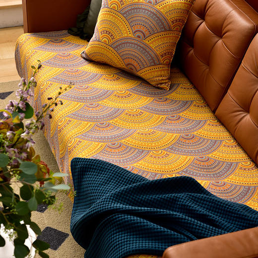 金色扇面系列沙发巾防滑四季通用纯棉沙发垫 商品图0