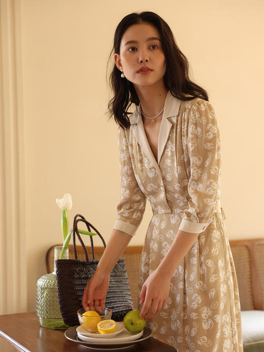 HeyDress郁金香印花连衣裙女秋季法式复古撞色V领高腰优雅风裙子 商品图2