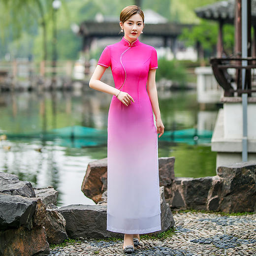 新款中国风渐变色旗袍改良连衣裙年轻少女走秀演出服YHY200907 商品图6
