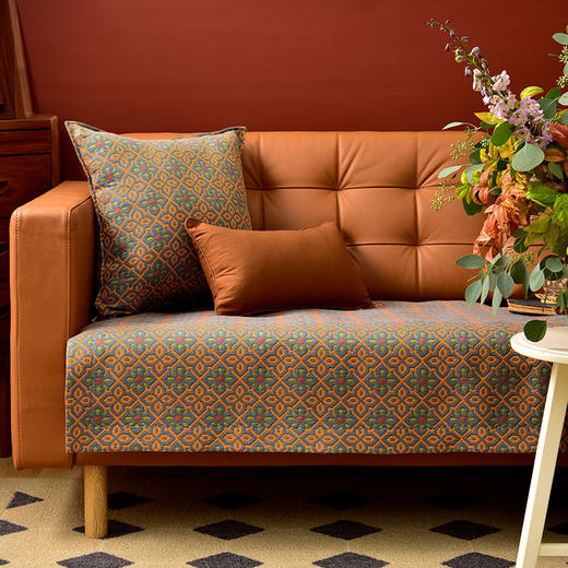 蓝橙小花双面沙发巾防滑四季通用纯棉沙发垫 商品图0