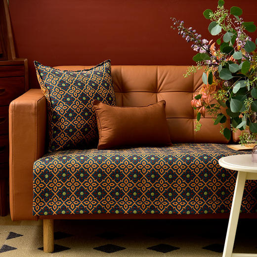 蓝橙菱形双面沙发巾防滑四季通用高级感沙发垫 商品图0