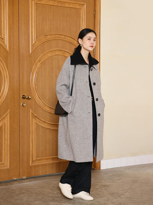 HeyDress毛呢外套女秋冬绵羊毛宽松中长款人字纹高端气质羊毛大衣 商品图0