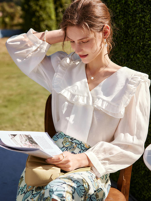 欧芮儿白色衬衫女秋季2022新款宽松显瘦时尚洋气设计感荷叶边上衣 商品图0