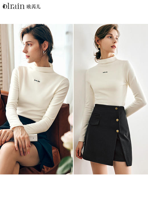 OLrain欧芮儿法式米杏色长袖T恤女秋季2022年新款修身半高领上衣 商品图0