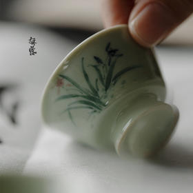 束刻/无落/手工果青釉下粉彩手绘小品杯茶具茶杯薄胎品茗杯