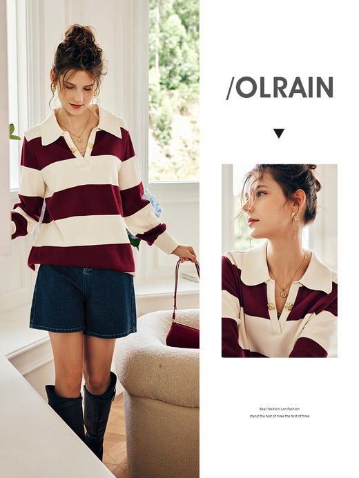 OLrain欧芮儿法式条纹卫衣女秋季2022新款宽松复古polo领长袖上衣 商品图0