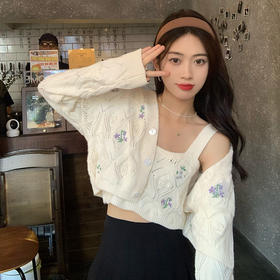 【温柔软糯 慵懒开衫 开启秋冬美好心情】轻熟风女装套装港味2022春秋新款刺绣镂空针织毛衣吊带开衫两件套