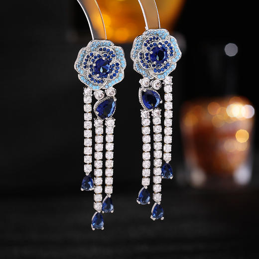 s925银针山茶花耳饰重工轻奢玫瑰花长款流苏耳环LY 商品图0