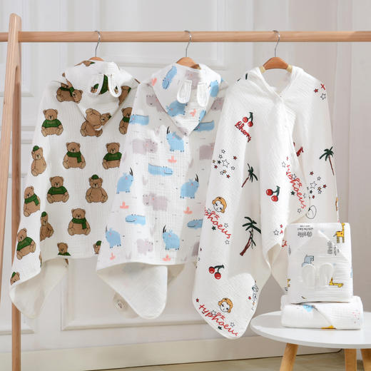 四层纱布连帽儿童浴袍宝宝棉花糖斗篷柔软浴巾 商品图1