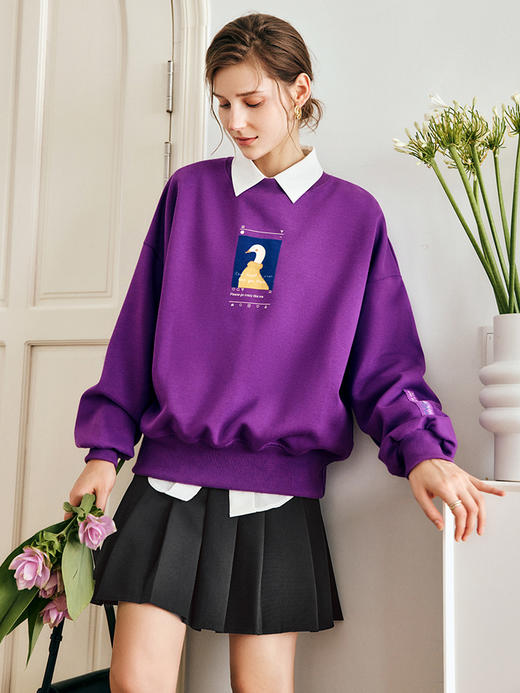 OLrain欧芮儿法式紫色卫衣女秋季2022年新款设计感宽松圆领上衣 商品图3