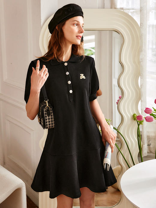 欧芮儿黑色连衣裙女夏季2022新款收腰显瘦时尚气质polo领小个子裙 商品图2