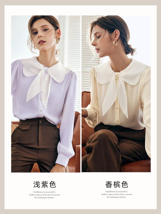 OLrain欧芮儿法式仿真丝雪纺衫女秋季2022年新款高级感蝴蝶结衬衣 商品图3