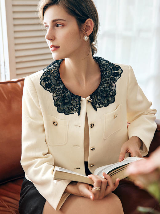 OLrain欧芮儿法式奶油杏短外套女春秋2022年新款小香风圆领上衣 商品图1