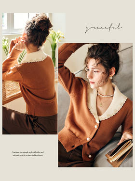 OLrain欧芮儿法式焦糖色针织开衫女秋季2022年新款修身翻领上衣