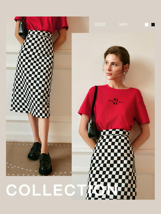 欧芮儿黑白棋盘格半身裙女2022夏季新款中长款直筒复古市场一步裙 商品图2