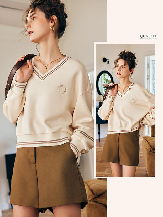 OLrain欧芮儿法式杏色卫衣女早秋2022新款小个子空气棉V领长袖 商品图3