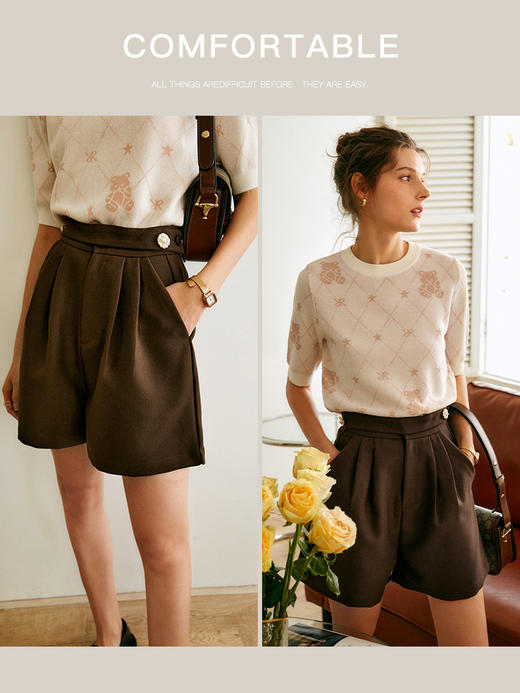 欧芮儿咖啡色短裤女2022年夏季新款高腰加厚a字时尚通勤阔腿短裤 商品图0