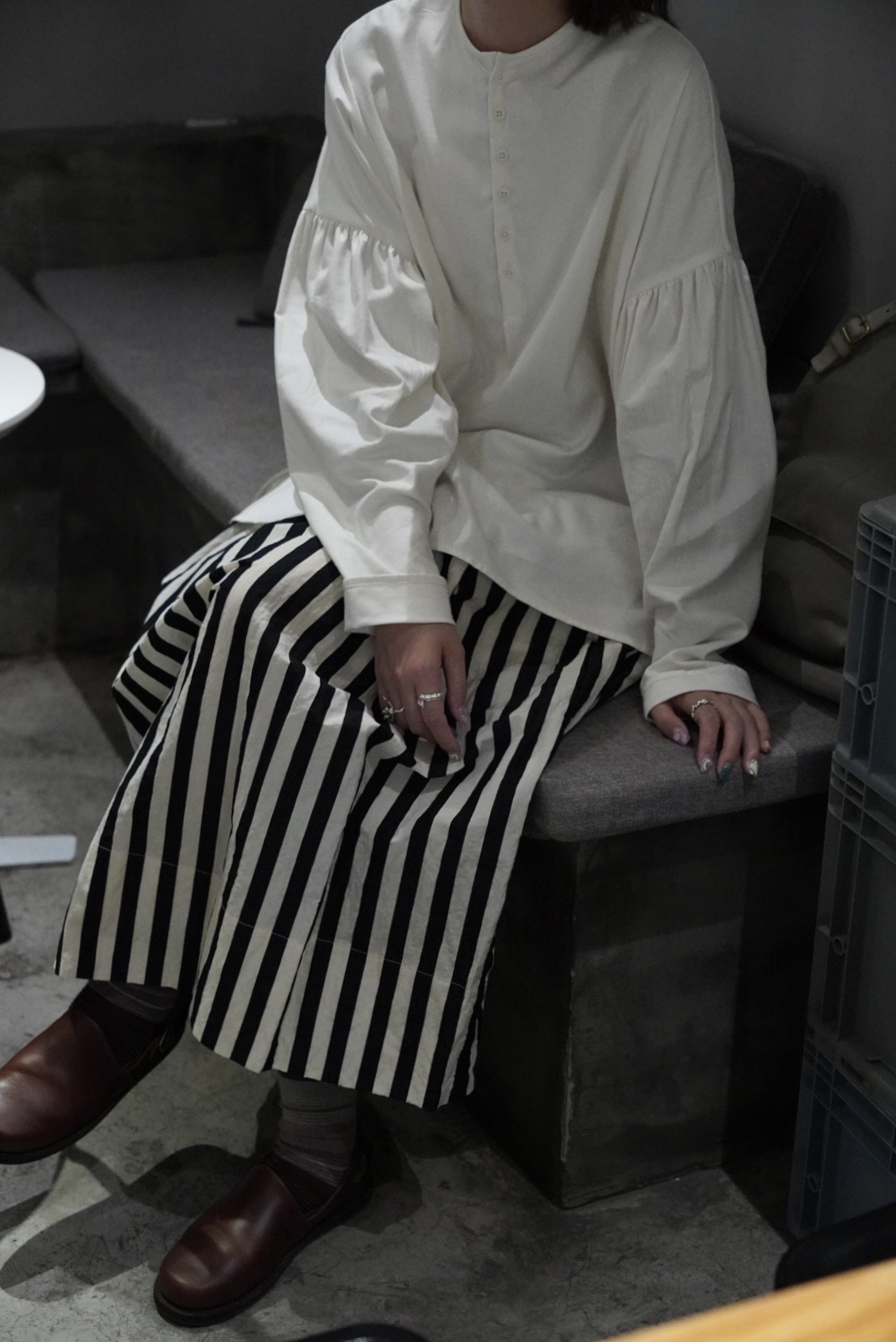 ECOLE DE CURIOSITES 2色可选条纹电力纺真丝衬衫