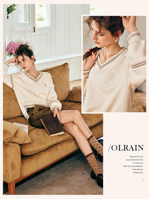 OLrain欧芮儿法式杏色卫衣女早秋2022新款小个子空气棉V领长袖 商品图0