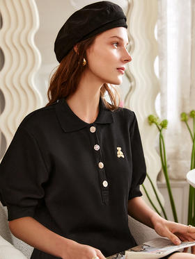 欧芮儿黑色连衣裙女夏季2022新款收腰显瘦时尚气质polo领小个子裙