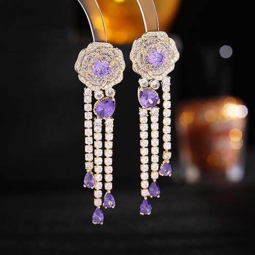 s925银针山茶花耳饰重工轻奢玫瑰花长款流苏耳环LY 商品图2